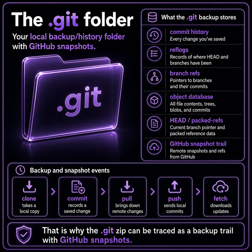 The .git folder. Local backup and history folder explaining how clones, commits, refs, branches, objects, and GitHub snapshots preserve the repo trail.