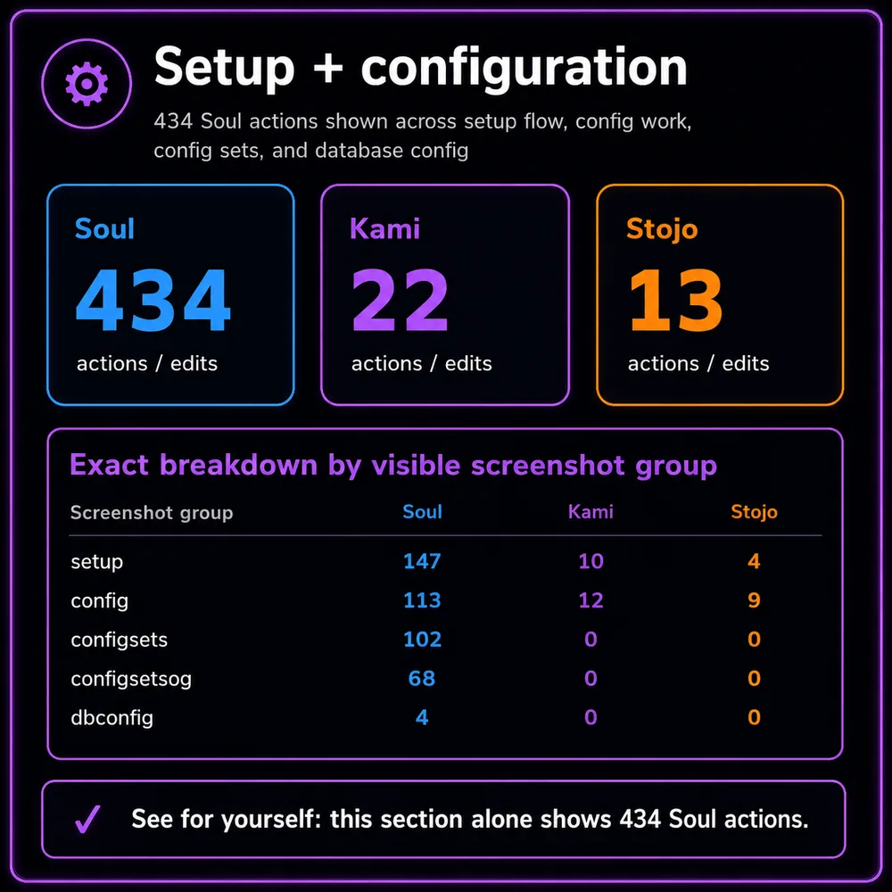 Setup and configuration. Counted setup/config work showing 434 Soul actions, 22 Kami actions, and 13 Stojo actions.
