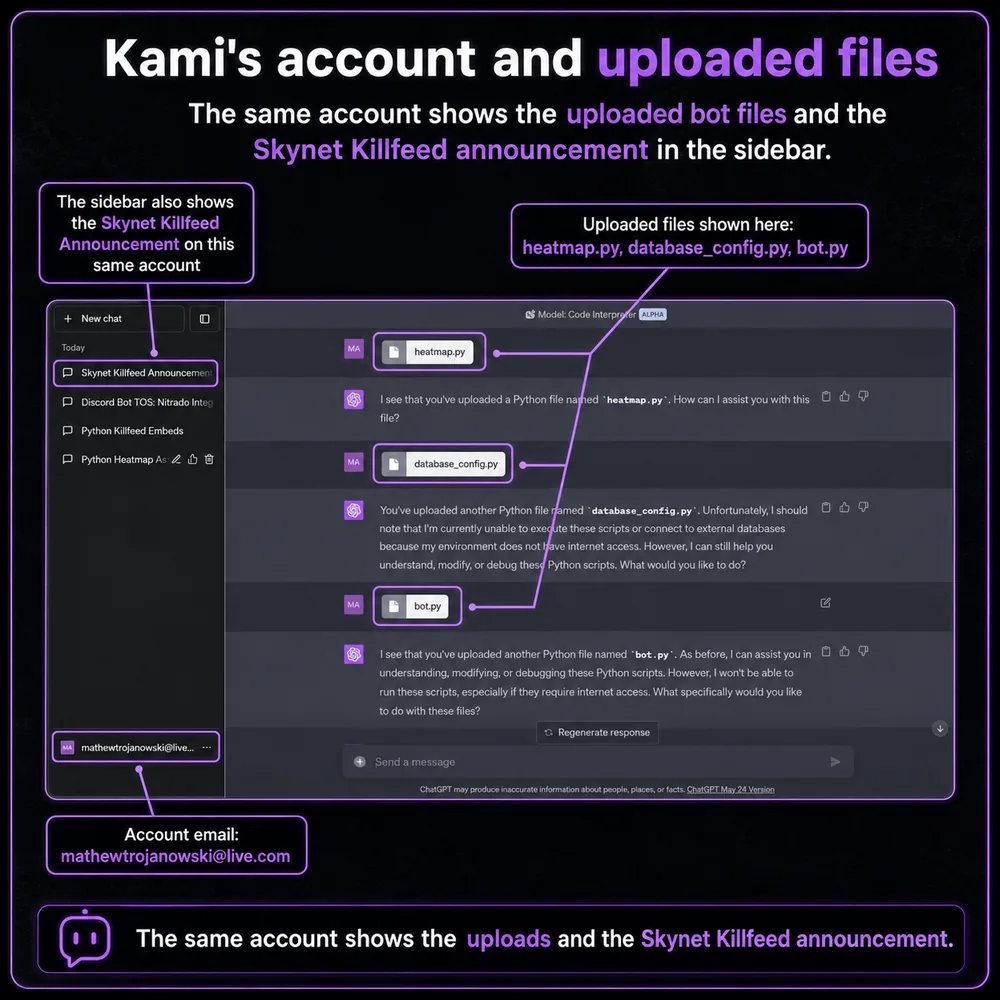 Kami's account and uploaded files. The same account is shown with uploaded bot files and the SkyNet Killfeed announcement in the sidebar.