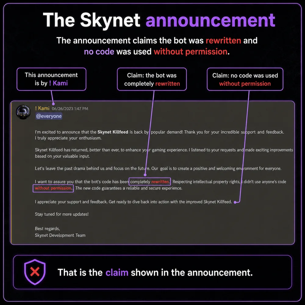The Skynet announcement. Announcement claims the bot was rewritten and no code was used without permission, while the surrounding cards track conflicting evidence.