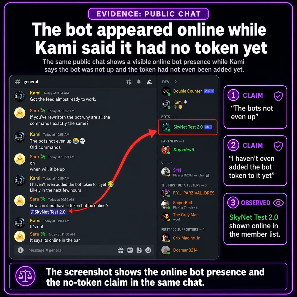 The bot appeared online while Kami said it had no token yet. Public chat screenshot shows a visible online bot presence in the same conversation where Kami claimed the bot was not yet set up.