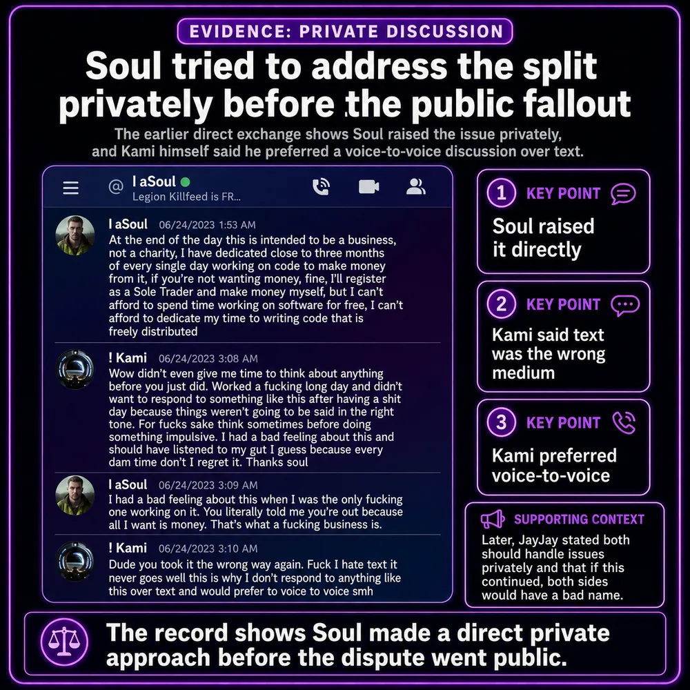 Soul tried to address the split privately before the public fallout. Earlier private exchange shows Soul raised the issue directly and Kami said text was the wrong medium before public escalation.