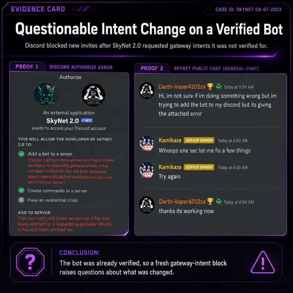 Questionable intent change on a verified bot. Discord block evidence beside SkyNet 2.0 request gateway intent changes, raising questions about what changed after earlier verification.