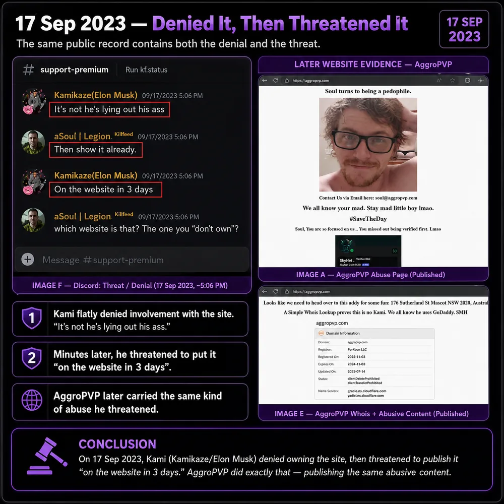 Denied it, then threatened it. Same public record contains denial of involvement in the website and later threat language around using or posting about the site.