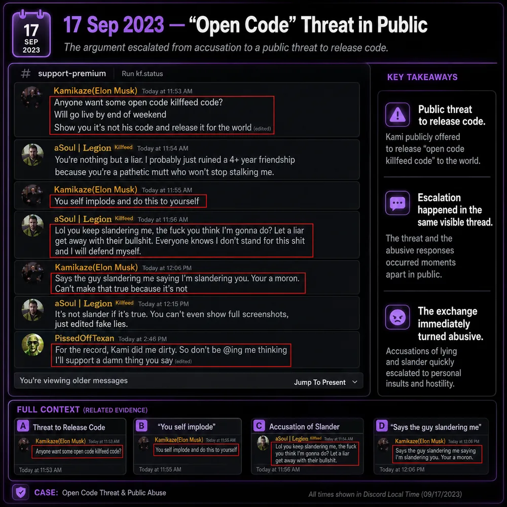 Open Code threat in public. Public argument where a demand to release code escalated into threats and ridicule after a failed setup dispute.