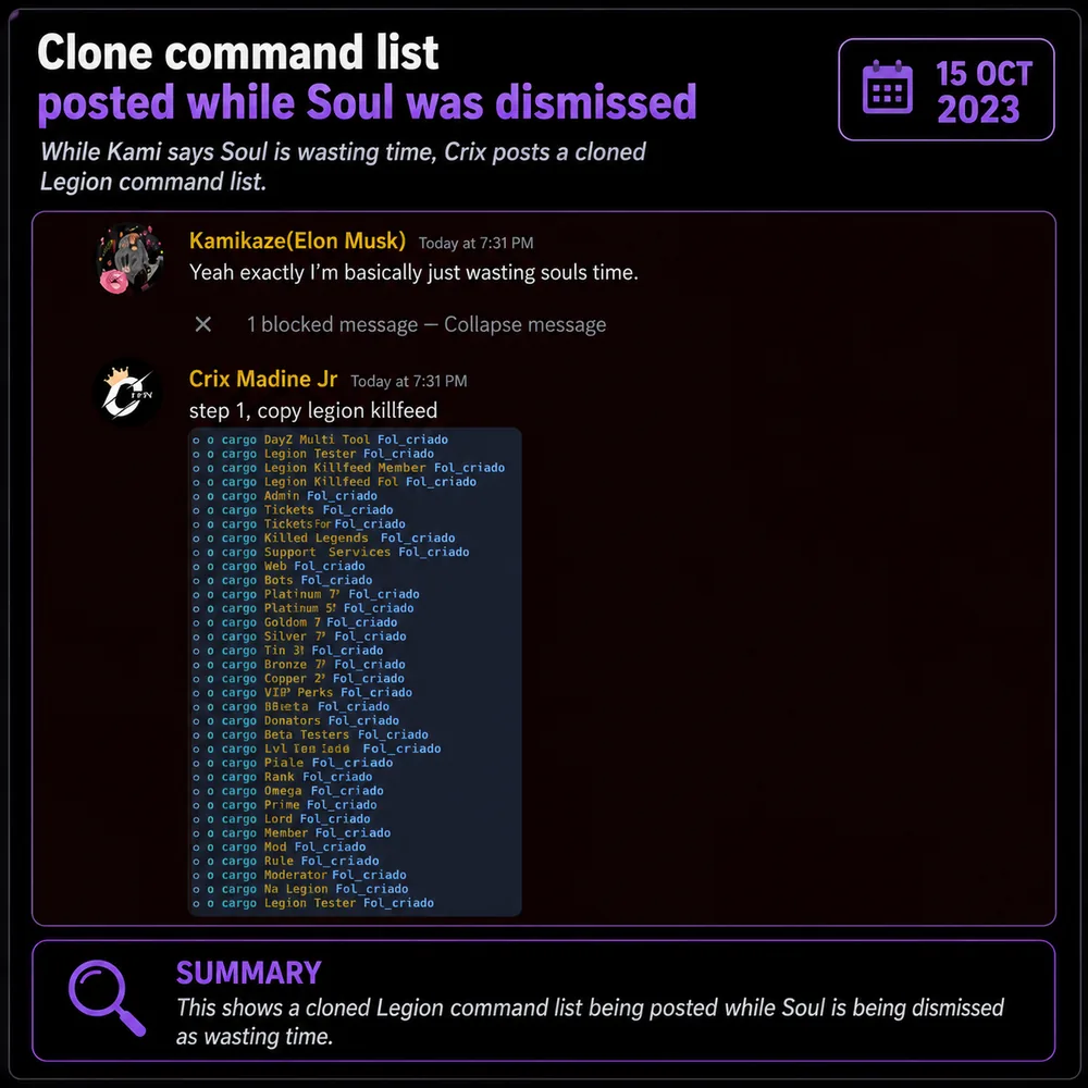 Clone command list posted while Soul was dismissed. While Kami said Soul was wasting time, Crix posted a cloned Legion-style command list.