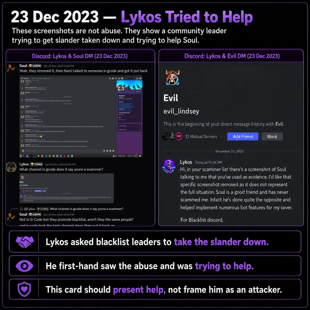Lykos tried to help. Screenshots show a community leader trying to get slander taken down and get Soul to help rather than joining the pile-on.