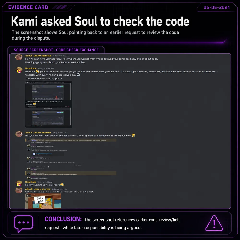 Kami asked Soul to check the code. Screenshot references Kami asking Soul to check earlier request-review code while responsibility was being argued elsewhere.