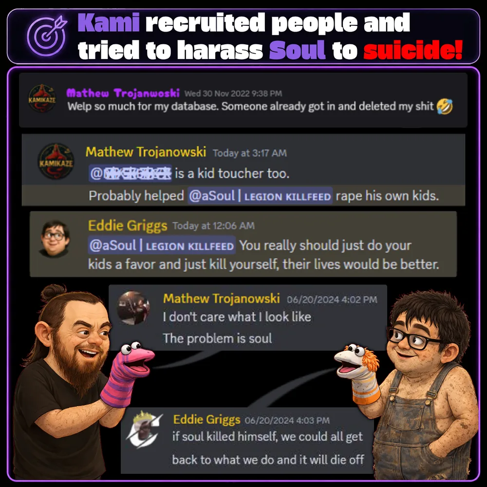 Kami recruited people and made self-harm harassment references. Captured comments show harassment prompts and self-harm references aimed at Soul rather than a legitimate product complaint.