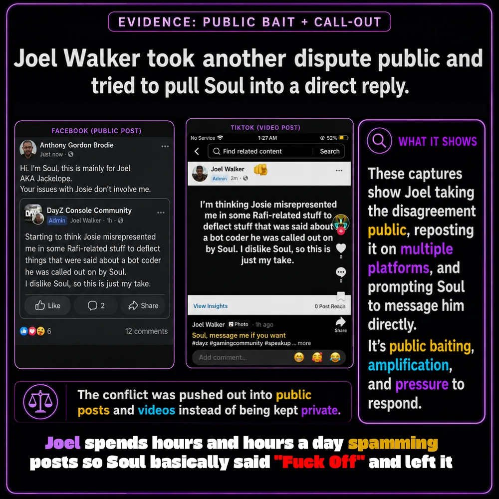 Joel Walker took another dispute public and tried to pull Soul into a direct reply. Facebook and TikTok material show a third party amplifying a dispute and trying to drag Soul into public response.
