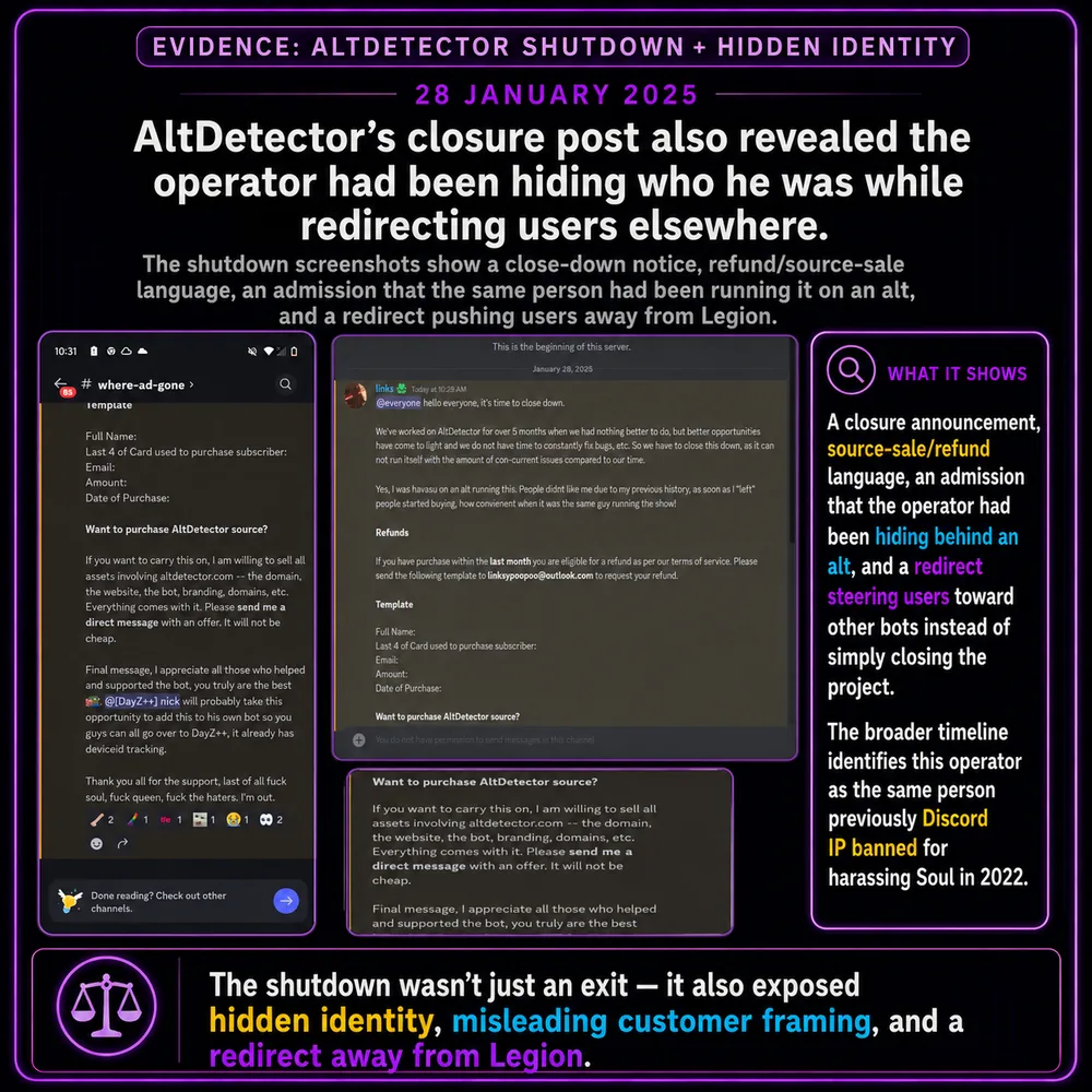 AltDetector's closure post revealed the operator redirecting users elsewhere. Shutdown screenshots show a sole-owner notice, refund wording, and a redirect away from Legion while hiding operator identity.