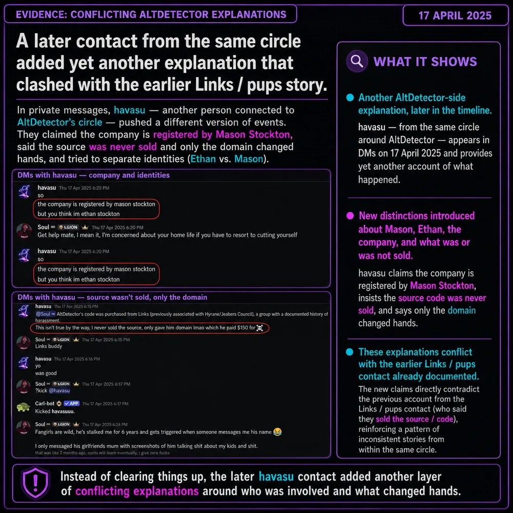 A later contact from the same circle added another explanation that clashed with earlier links. New definitions and domain/contact screenshots add another explanation layer that conflicted with earlier AltDetector and pups links.