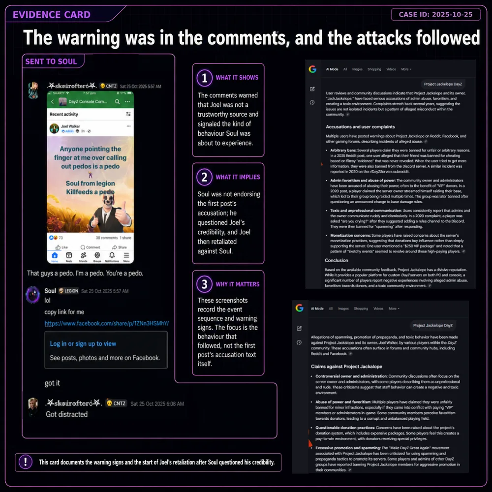 The warning was in the comments, and the attacks followed. Comment warning and follow-up attack examples show the predicted pile-on materialising after the public post.