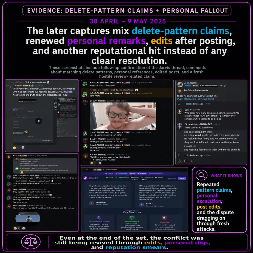 Later captures mixed delete-pattern claims, renewed personal remarks, paid promotion, and screenshot posting. Screenshots show renewed conflict after paid promotion and public posting, rather than a clean resolution.