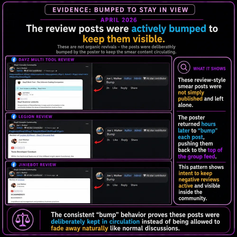 The review posts were actively bumped to keep them visible. Repeated bump-style comments and review posts show material being pushed back to the top instead of fading.