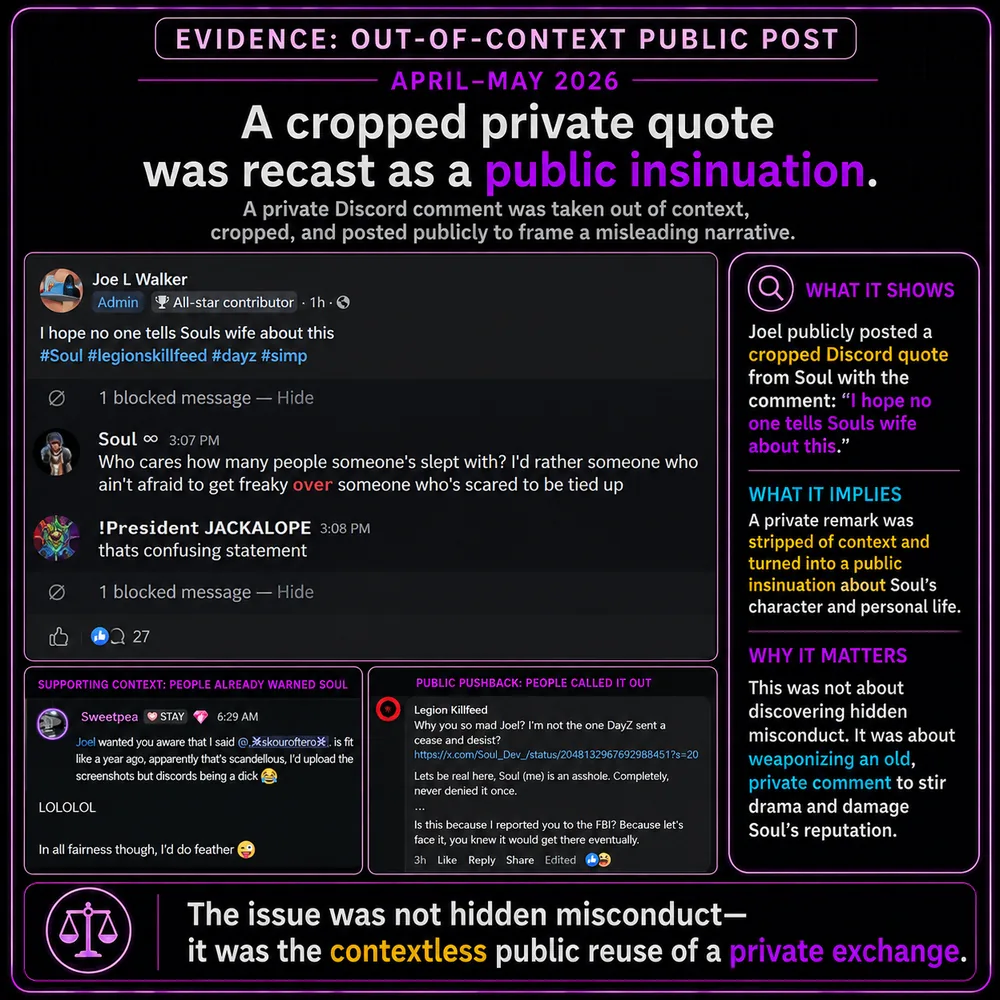 A cropped private quote was recast as a public insinuation. A private Discord comment was cropped and reposted without context as a misleading public insinuation.